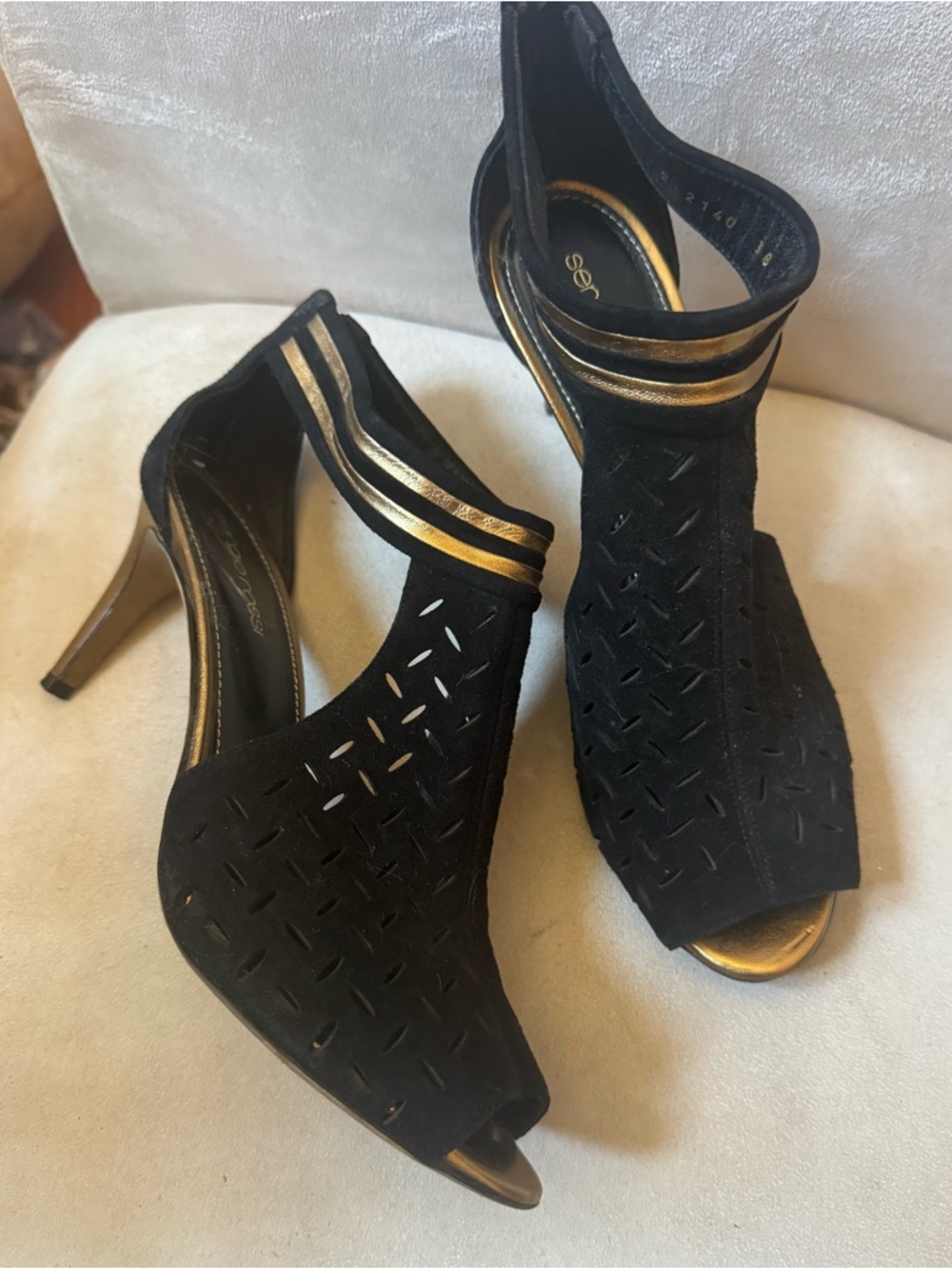 Sergio Rossi Black Suede & Gold Heels